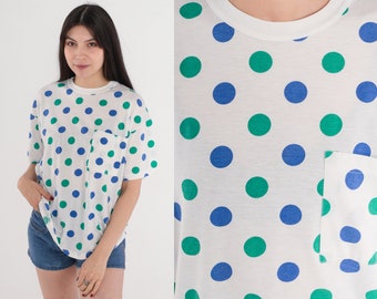 Polka Dot T-Shirt 80s Pocket Tee White Blue Green Allover Print T-Shirt Graphic TShirt Retro TShirt Casual Basic Top Vintage 1980s Medium M