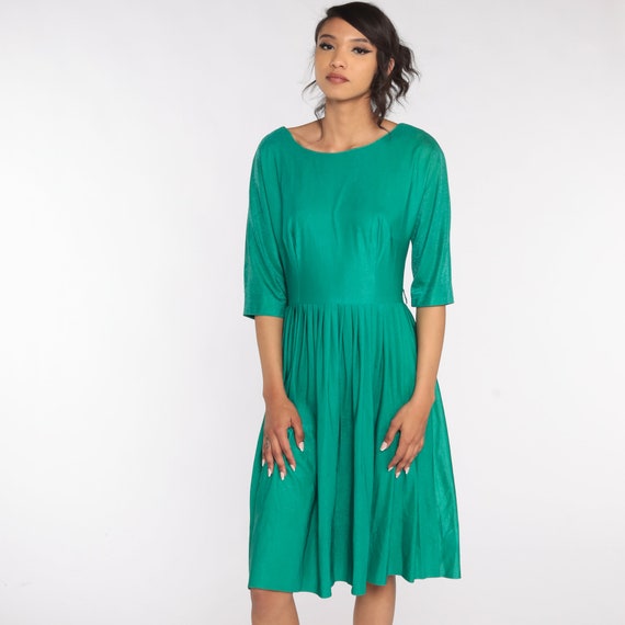 60s Party Dress Midi Green Shimmery Dress Pleated High Waisted Fit and Flare Vintage 1960s Mad Men Party Cocktail Sixties Full Skirt Small S