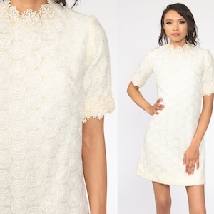 White Lace Mini Dress 60s Mod Party Mini Dress Yellow 1960s Cocktail Bohemian Shift Vintage Boho Wedding Sheer Sleeve Formal Extra Small xs