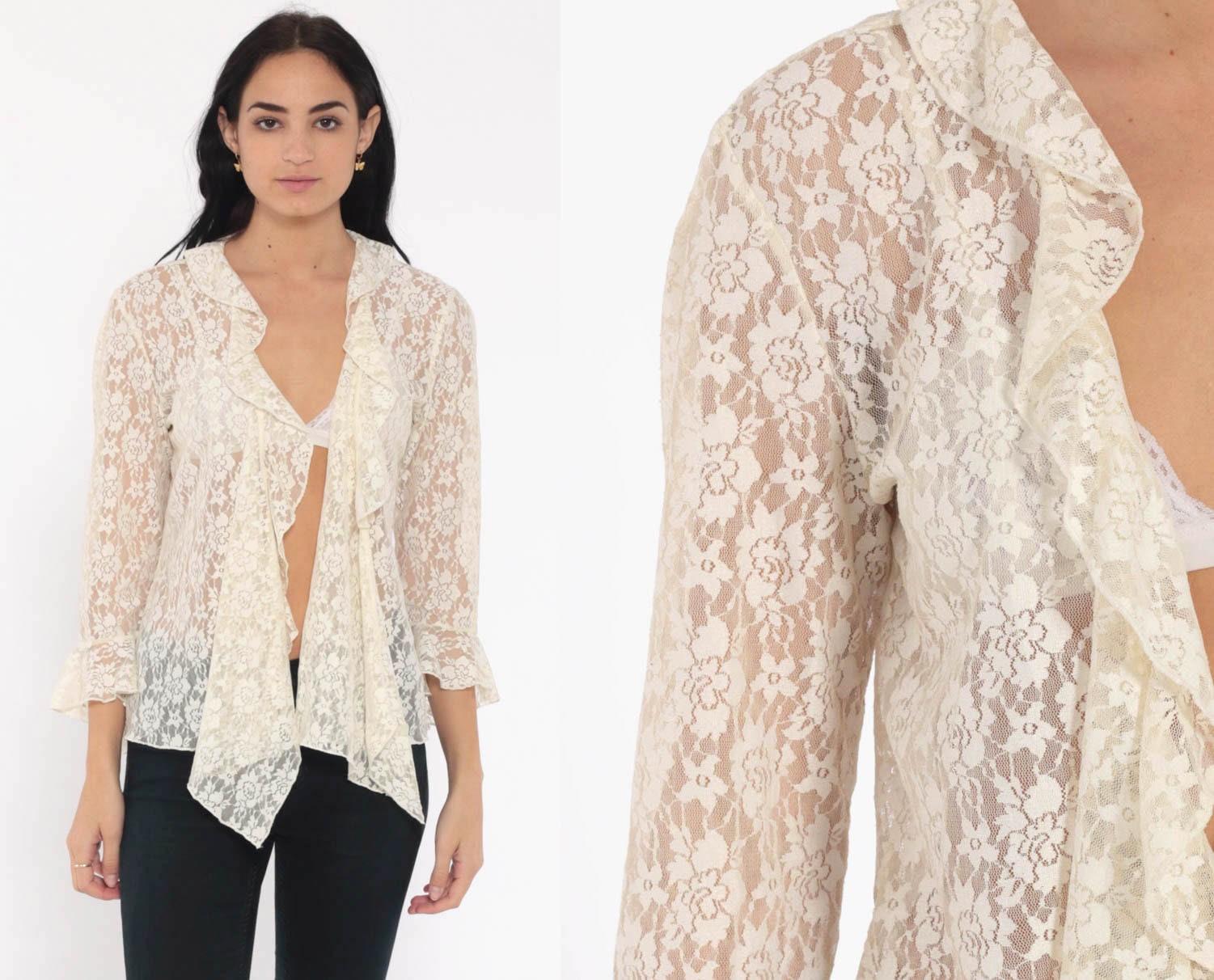 Ruffle Lace Jacket 90s Sheer Lace 