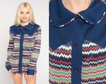 70s Blouse Navy Blue Zig Zag Striped Button Up Top Peter Pan collar Shirt 60s Colorful Yoke Western Groovy Long Sleeve Vintage 1970s Small S