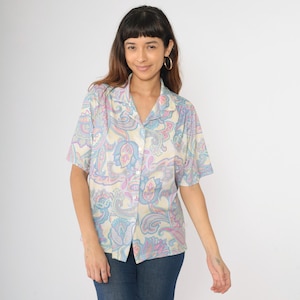 Y2K Paisley Blouse Psychedelic 70s Style Button Up Shirt Shirt Short Sleeve Top 00s Hippie Boho Shirt Vintage Bohemian Large L