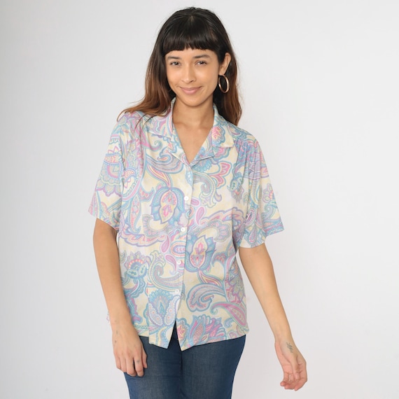 Y2K Paisley Blouse Psychedelic 70s Style Button Up Shirt Shirt Short Sleeve Top 00s Hippie Boho Shirt Vintage Bohemian Large L