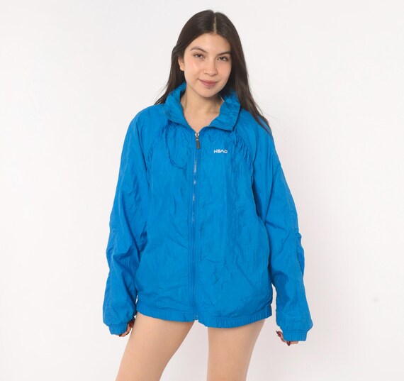 90s Head Windbreaker Blue Nylon Zip Front Jacket Cobalt Athletic Shell Coat High Collar Waist Track Wind Breaker Vintage Unisex Medium M