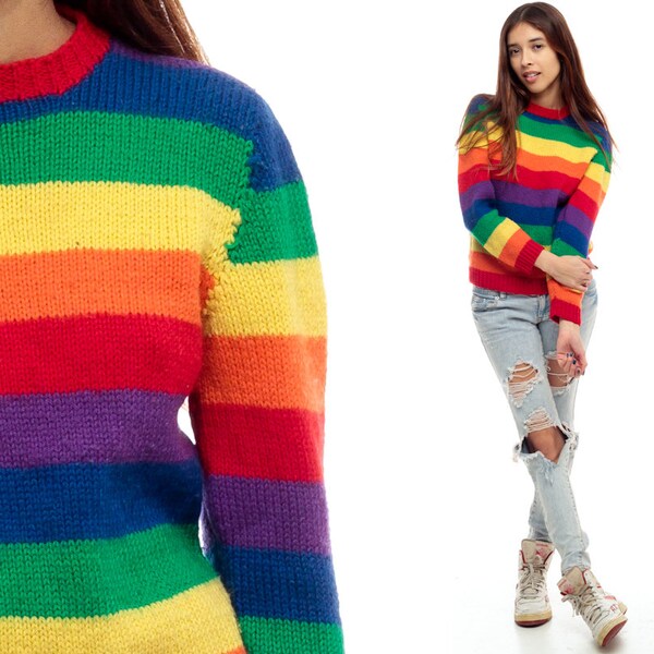 RAINBOW Sweater Striped 80s Knit Slouchy Horizontal Striped Grunge Pullover Bright 1980s Vintage Top Yellow Orange Green Retro Small