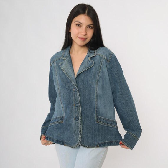 Y2K Denim Blazer Jacket St Johns Bay Button Front Tailored Fit Lapel Collar Pockets Jean Jacket 2000s Streetwear Vintage Blue Large L