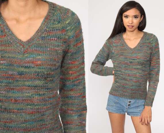 Space Dye Sweater V Neck Sweater 70s Sweater Knit Grey Blue Sweater 80s Bohemian Hippie Pullover Vintage Boho Jumper Small