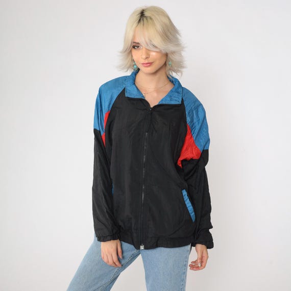 90s Windbreaker Black Red Blue Color Block Jacket Vintage Full Zip Raglan Sleeve Athletic Sportswear 1990s Large L