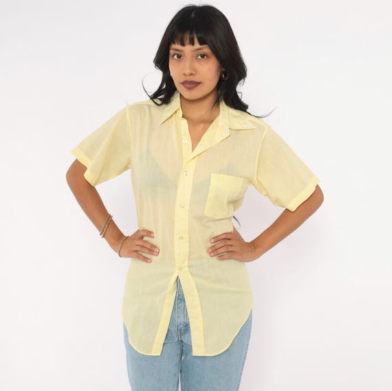70s Yellow Button Up Shirt Semi Sheer Pale Lemon Cotton Short Sleeve Chest Pocket Boxy Preppy Menswear Summer Blouse Top Extra Small XS