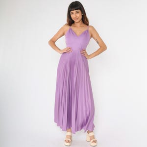 Vintage Maxi Party Dress XS Purple 70s Grecian Gown Pleated Deep V Neck Long Spaghetti Strap Flowing Disco Formal Evening Extra Small