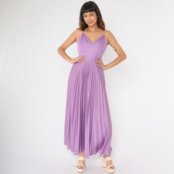 Vintage Maxi Party Dress XS Purple 70s Grecian Gown Pleated Deep V Neck Long Spaghetti Strap Flowing Disco Formal Evening Extra Small
