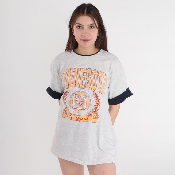 UMN T-Shirt 90s University of Minnesota St Paul Shirt College Sports Graphic Tee Golden Gophers TShirt Cuffed Sleeve Vintage 1990s Large L