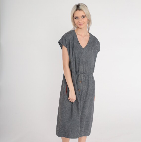 60s Wool Dress Grey Midi Dress Retro High Waisted Short Sleeve Button Skirt Secretary Chic Jackie O Mad Men Vintage 1960s Medium Large