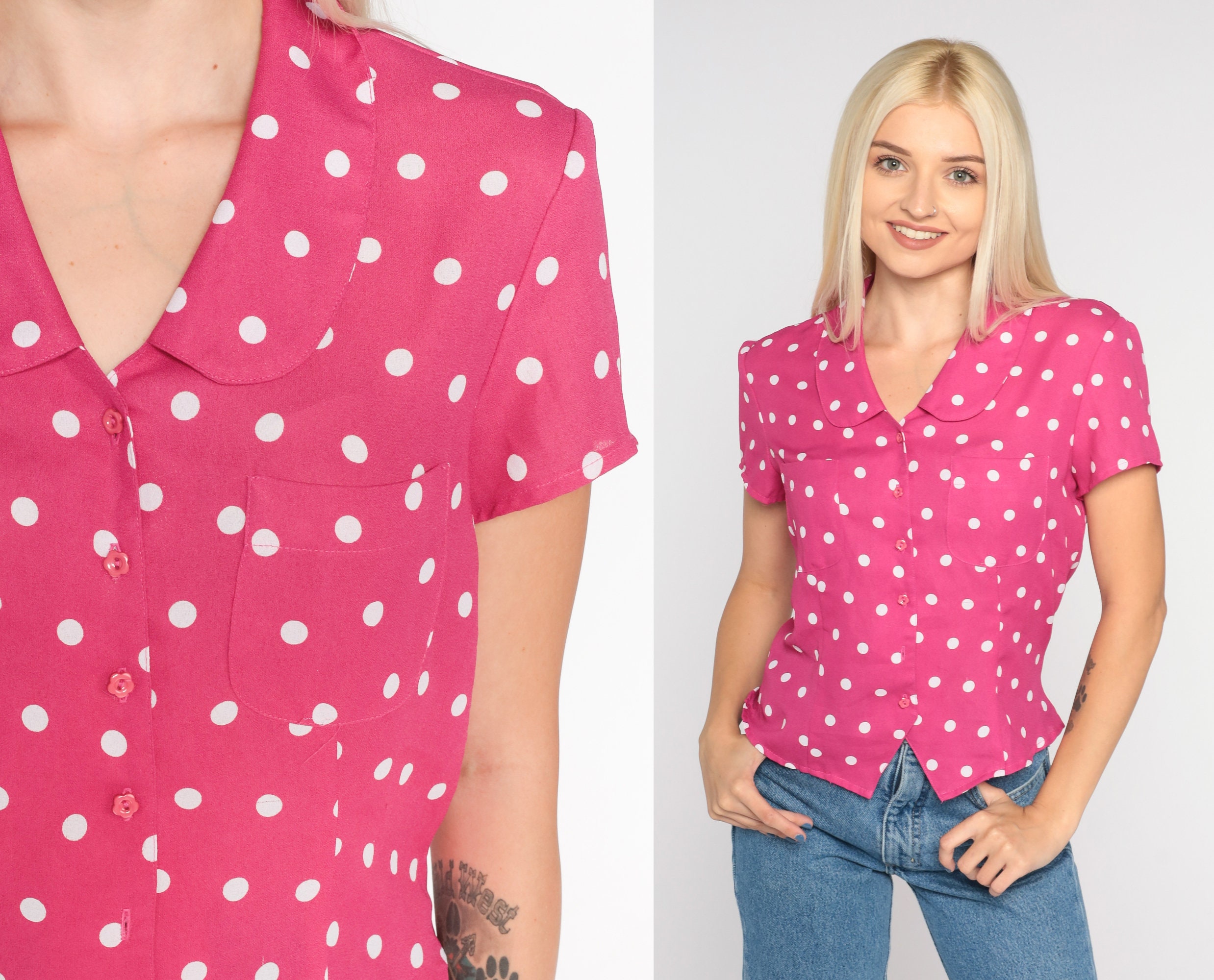Pink Polka Dot Blouse 80s Button up Shirt Peter Pan Collar 
