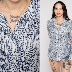 70s Floral Shirt Blue White Boho Shirt Disco Shirt Button Up Flower Print Bohemian Blouse 1970s Hippie Vintage Long Sleeve Medium Large