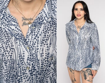 70s Floral Shirt Blue White Boho Shirt Disco Shirt Button Up Flower Print Bohemian Blouse 1970s Hippie Vintage Long Sleeve Medium Large