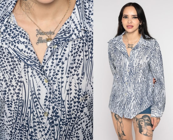 70s Floral Shirt Blue White Boho Shirt Disco Shirt Button Up Flower Print Bohemian Blouse 1970s Hippie Vintage Long Sleeve Medium Large