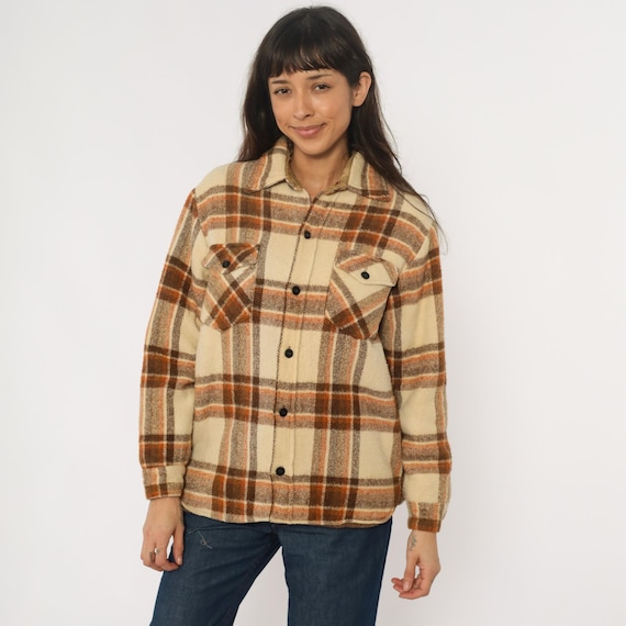 70s CPO Plaid Flannel Shirt Cream Brown Orange Cotton Blend Lined Chest Pockets Long Sleeve Vintage Grandpacore Woodsy Camping Medium M