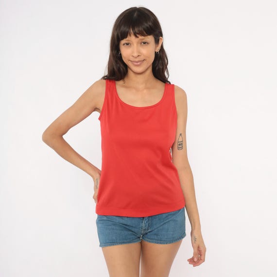 70s Red Tank Top Sleeveless Blouse Cherry Crimson Summer Vacation Mediterranean Style Pullover Fitted Shirt Basic Essentials Vintage Small S