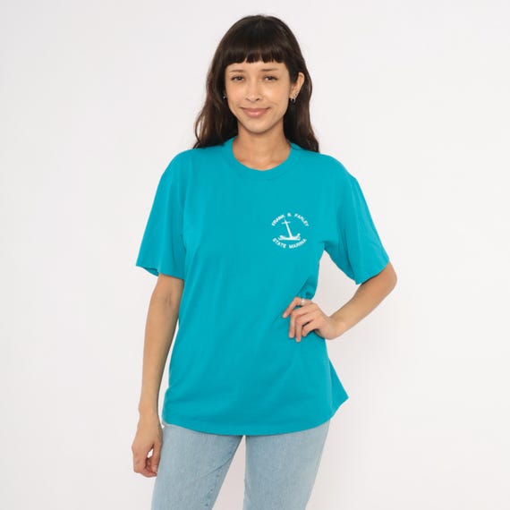 Anchor Graphic Shirt Teal Marina Tee 90s Frank S Farley Nautical Sailing Boat Cotton Blend Turquoise Blue Summer Beach Vintage Large L