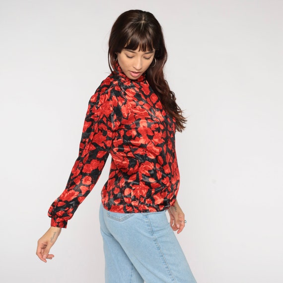 Red Floral Shirt 80s Black Embossed Puff Sleeve Blouse Floral Shirt Button Up Shirt Boho Vintage Long Puff Sleeve Bohemian Retro Small 6