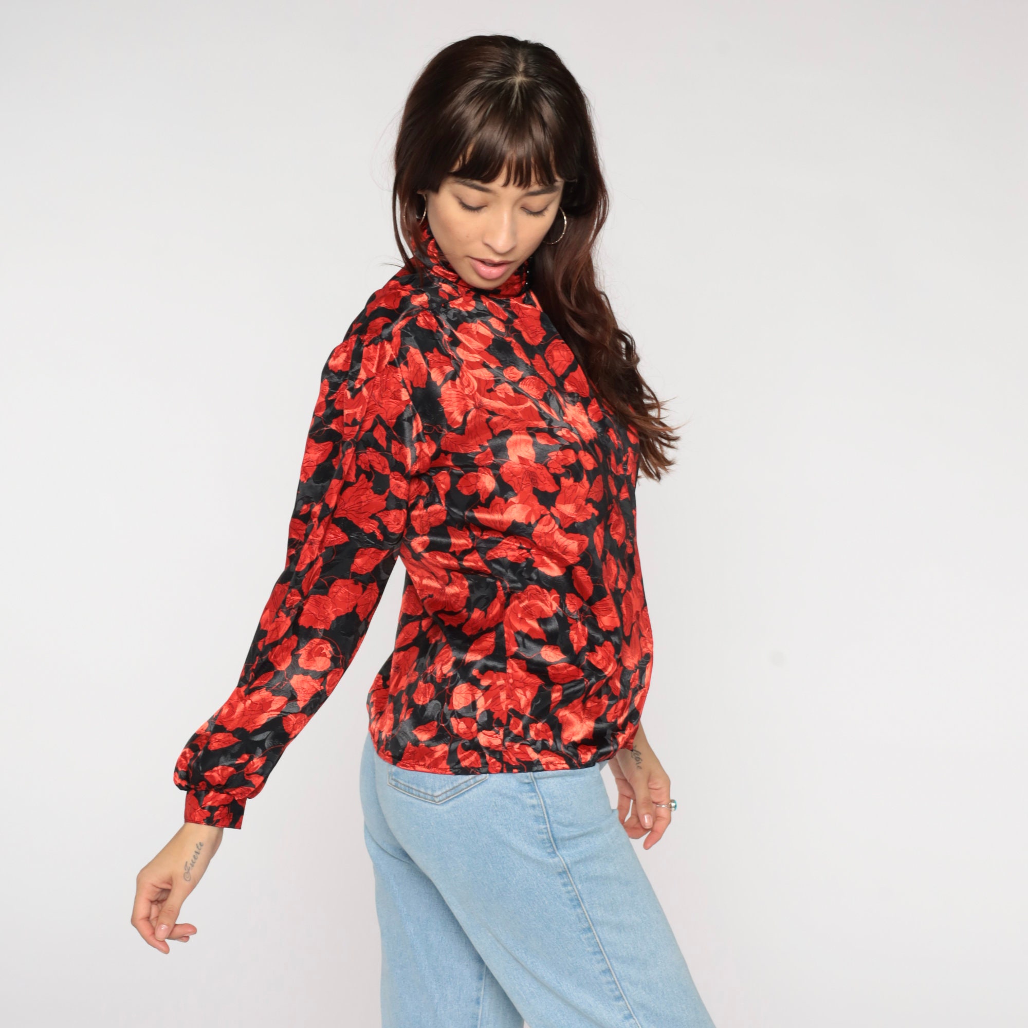 Red Floral Shirt 80s Black Embossed Puff Sleeve Blouse Floral Shirt ...