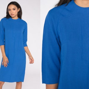 70s Shift Dress Blue Midi Dress Knee Length Plain Twiggy Vintage Retro Minidress Gogo Long Raglan Sleeve 1970s Dress Casual Day Dress Medium
