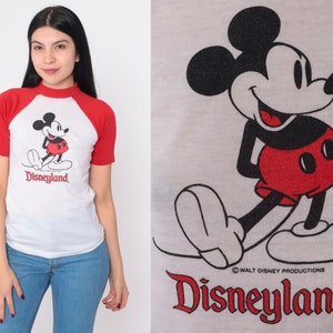 Vintage Disneyland Shirt 80s Mickey Mouse Raglan Tee Walt Disney Cartoon Graphic Baseball T-Shirt Nostalgia White Red Single Stitch 1980s XS
