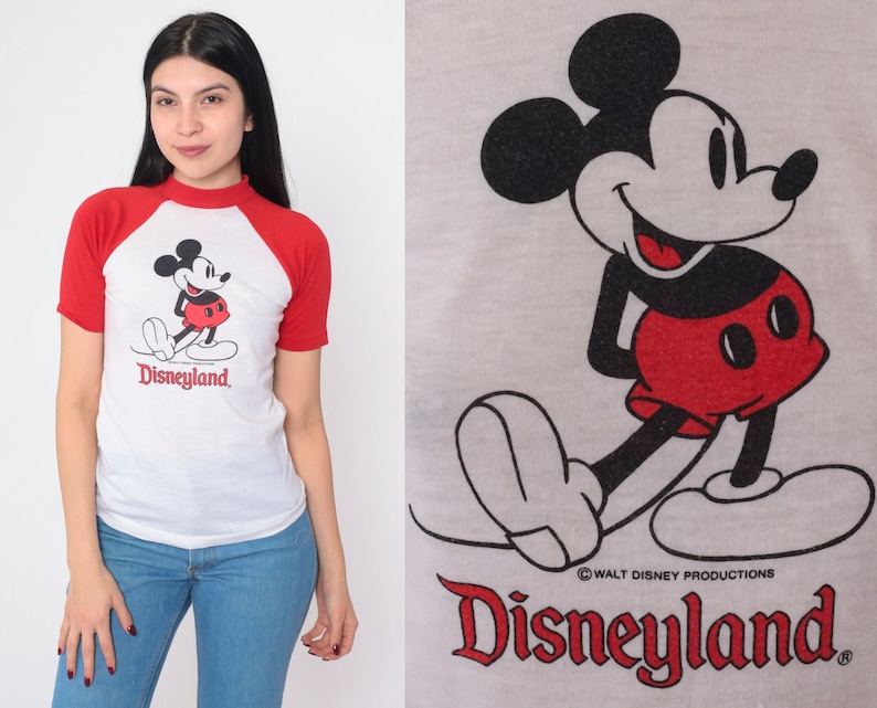 Vintage Disneyland Shirt 80s Mickey Mouse Raglan Tee Walt Disney Cartoon Graphic Baseball T-Shirt Nostalgia White Red Single Stitch 1980s XS image 1