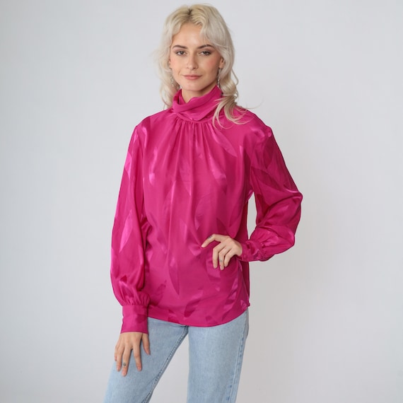 Pink Silk Blouse 80s Secretary Top Long Balloon Sleeve High Mockneck Embossed Leaf Print Mock Neck Turtleneck Shirt Vintage 1980s Small S