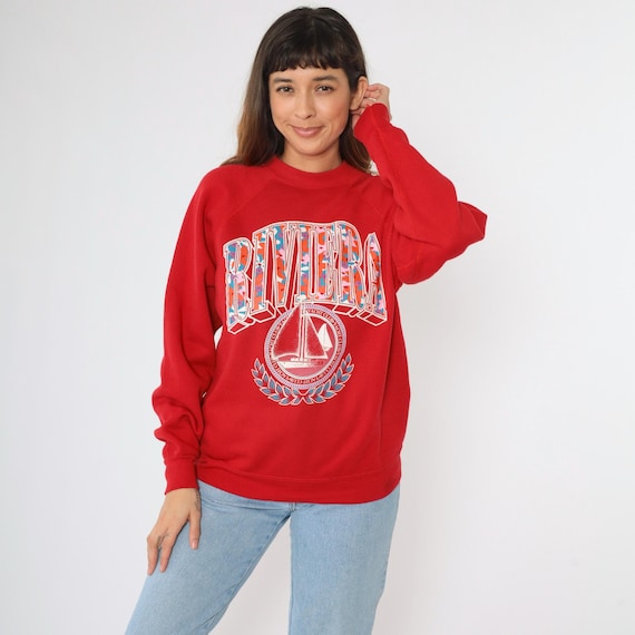 Vintage 90s Riviera Yacht Club Sweatshirt Medium Nautical Graphic Red Crewneck USA Raglan Sailboat Retro Travel Pullover Michigan 1990s M