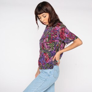 Feather Print Shirt Slouchy Purple Boho Top 80s Graphic Shirt Bohemian Hippie Shirt Retro Top 1980s Vintage T Shirt Medium image 4