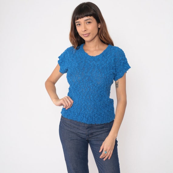 Sheer Nubby Sweater Top 80s Blue Textured Knit Shirt Open Weave Short Sleeve Blouse 1980s Slouchy Retro Vintage V Neck Extra Small xs