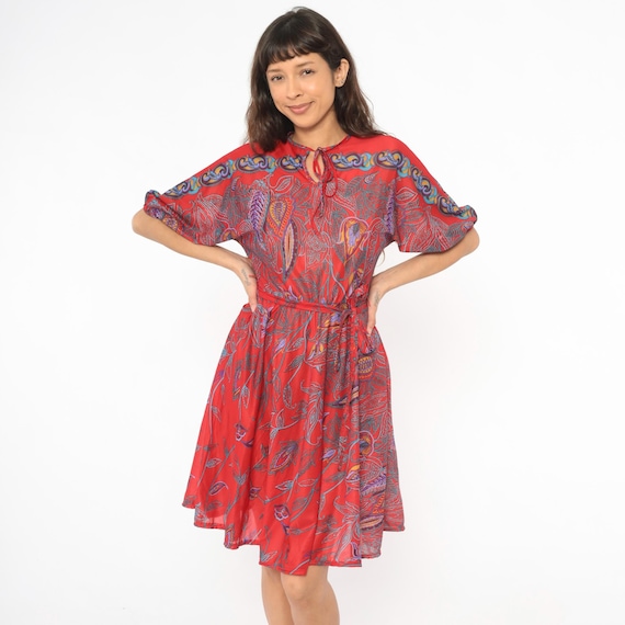 80s Red Paisley Dress Floral Leaf Print Tie Neck Belted Semi Sheer Botanical Garden Party Summer Sundress Crimson Frock Small To Medium S M