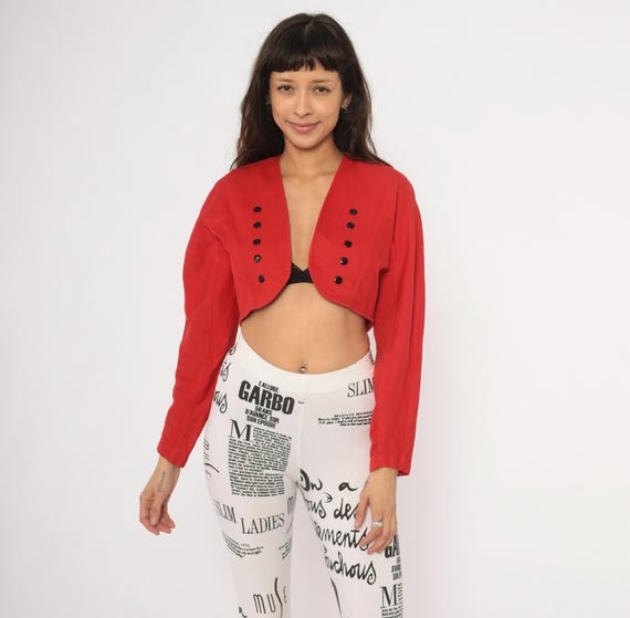 80s Red Cropped Bolero Jacket Black Cotton Structured Shoulder Crimson Short Blazer Scarlet Crop Going Out Top Vintage Womens Small S