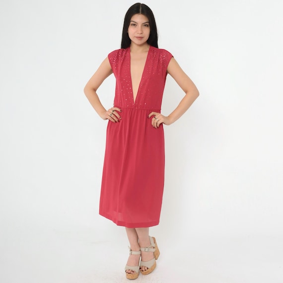 Vintage Raspberry Glitter Dress 70s Plunge V Neckline Cap Sleeve Gathered High Waist Sheer Midi 1970s Disco Evening Party Gown Small S