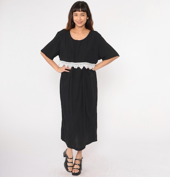 90s Black 90s Maxi Dress White Lace Trim Long Short Sleeve Party Formal Cocktail Evening Vintage 1990s 20W Extra Large xl
