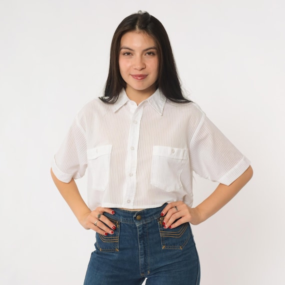 Sheer Striped Crop Top 00s Button up Shirt White Vertical Stripes Blouse Collared Summer Utility Shirt Cropped Vintage 00s Medium Large