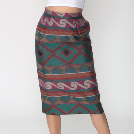 Tapestry Wiggle Skirt 80s High Waisted Midi Pencil Wiggle Geometric Skirt Retro Vintage Retro Secretary Skirt Printed 1980s extra small xs