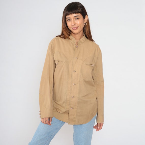 Tan Button up Shirt 90s Light Brown Shirt Long Sleeve Chest Pocket Plain Simple Basic Oxford Lightweight Retro Cotton Vintage 1990s Medium M