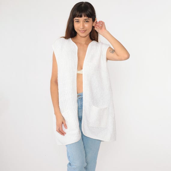 80s Knit Vest Top White Open Front Tank Top Pocket Acrylic Knit Shirt Sleeveless Sweater 1980s Retro Vintage Plus Size 2x