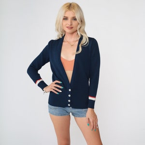 70s Navy Blue Cardigan Red White Striped Button Up Sweater V Neck Knit Sweater Seventies Knitwear Acrylic Vintage 1970s Extra Small xs