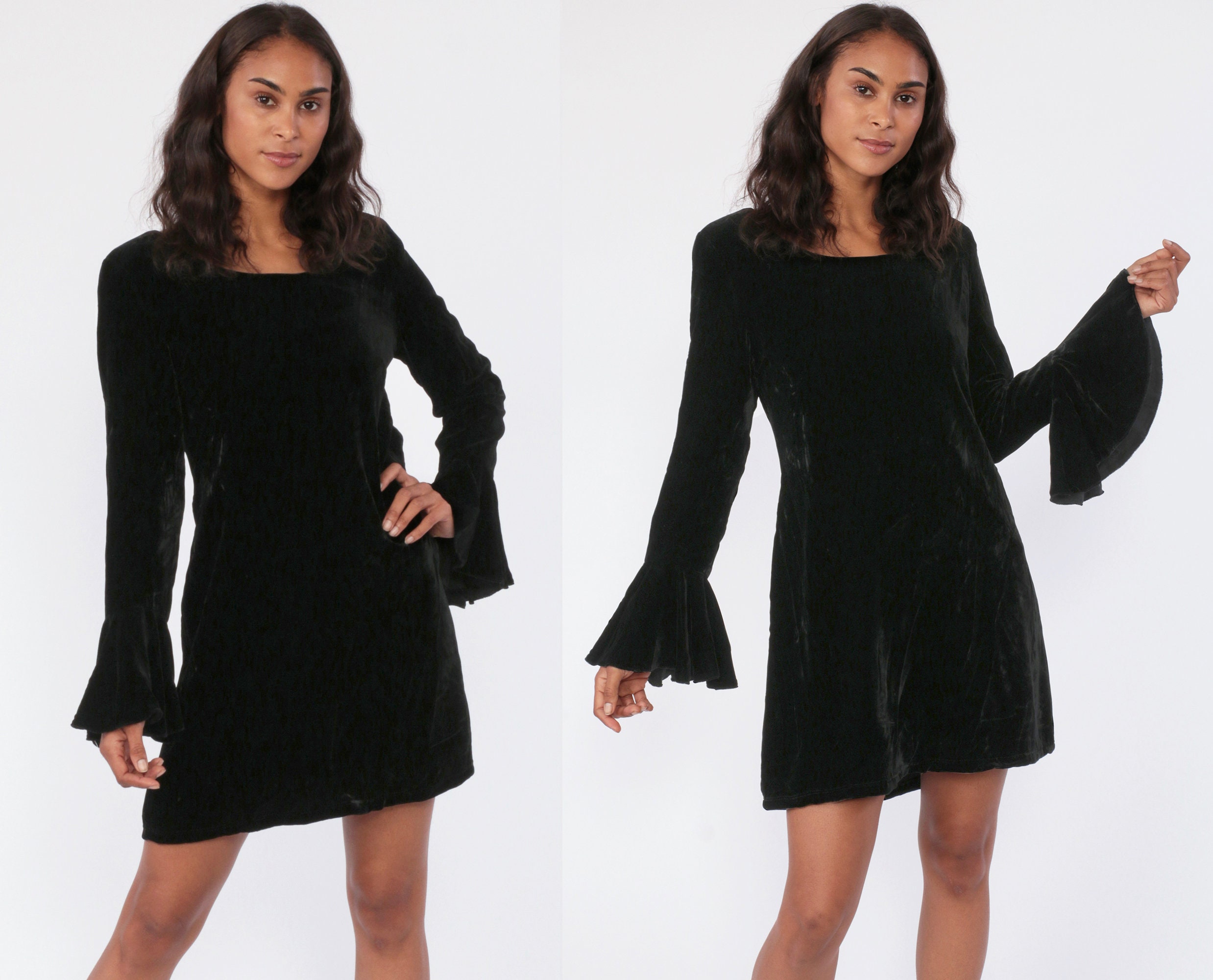 black velvet dress with bell sleeves