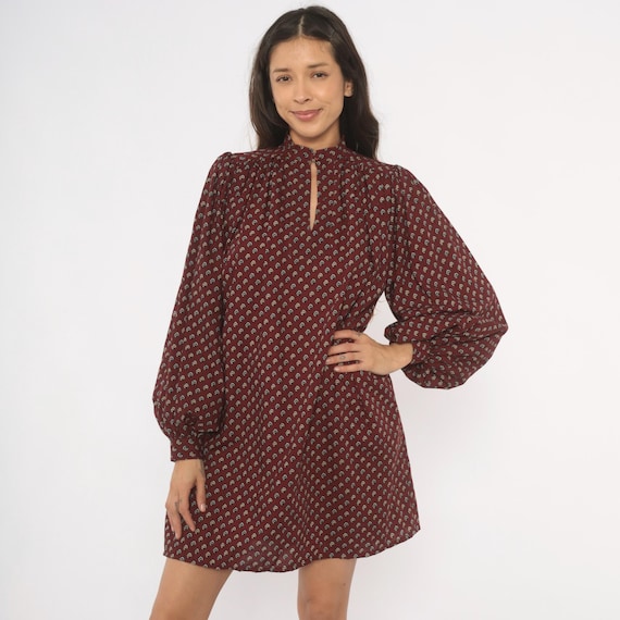 80s Burgundy Dress Puff Sleeve Wine Mini Keyhole Neckline Band Collar Cotton Prairie Cottagecore Cranberry Floral Block Balloon Arm Medium M