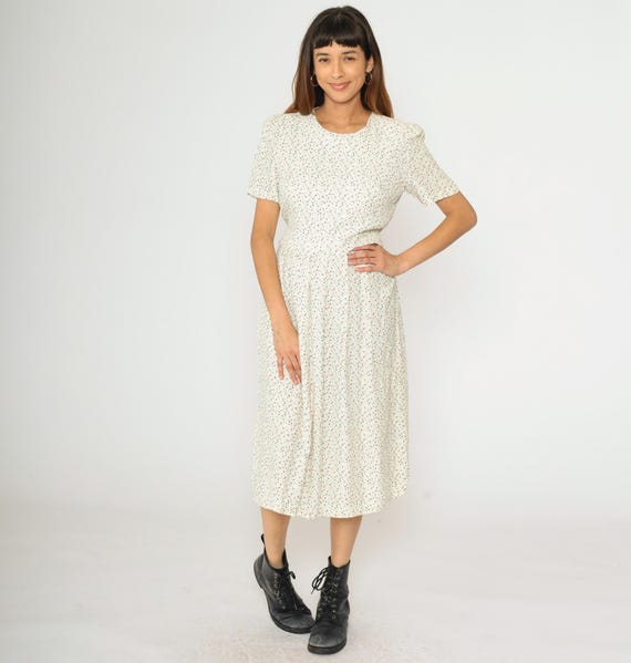 90s White Floral Button Up Dress Vintage Calico Print Puff Sleeve Midi Day Dress Retro Summer Scalloped Waist 1990s Medium M Petite