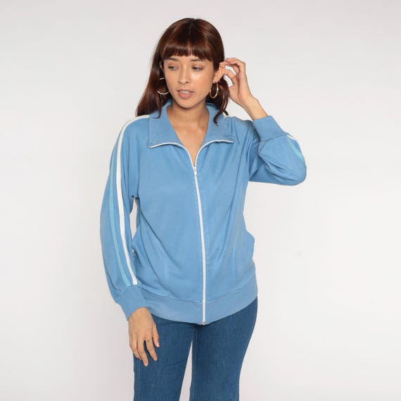 70s Track Jacket Baby Blue Striped Jacket Zip Up Hipster Raglan Sleeve Warm Up Jacket 80s Sport Vintage Tracksuit Warmup Small Medium S M