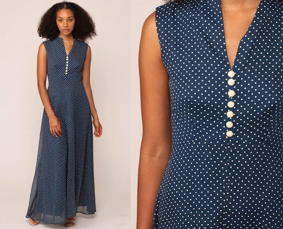 Boho Maxi Dress 70s Polka Dot Dress Bohemian Empire Waist Festival Hippie Deep V Neck Vintage Dark Blue Button Up Sleeveless Small