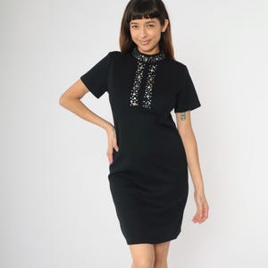 Vintage 60s Black Wool Dress Studded Mod Mini Party 1960s Shift Space Age Twiggy Sixties Minidress Small S