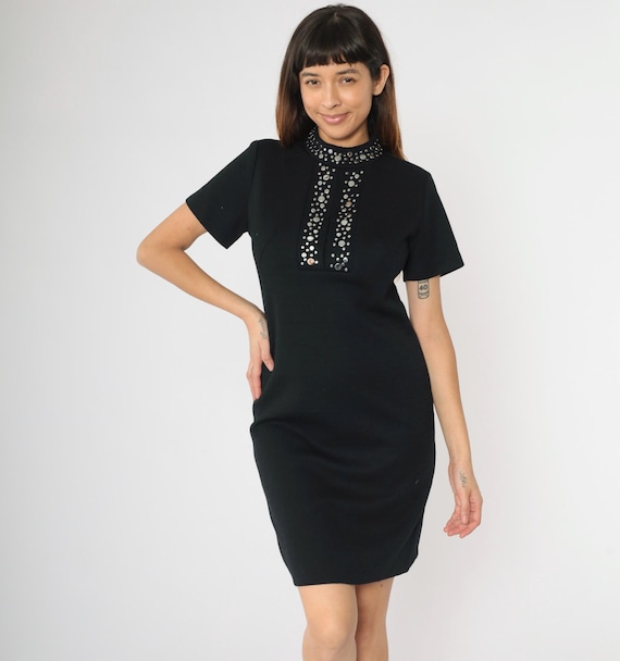 Vintage 60s Black Wool Dress Studded Mod Mini Party 1960s Shift Space Age Twiggy Sixties Minidress Small S