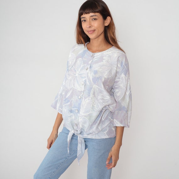 Muted Floral Shirt 80s Tie Front Top Button up Blouse Tropical Hibiscus Print Boho Pastel Purple Dolman Sleeve Vintage 1980s Extra Large xl